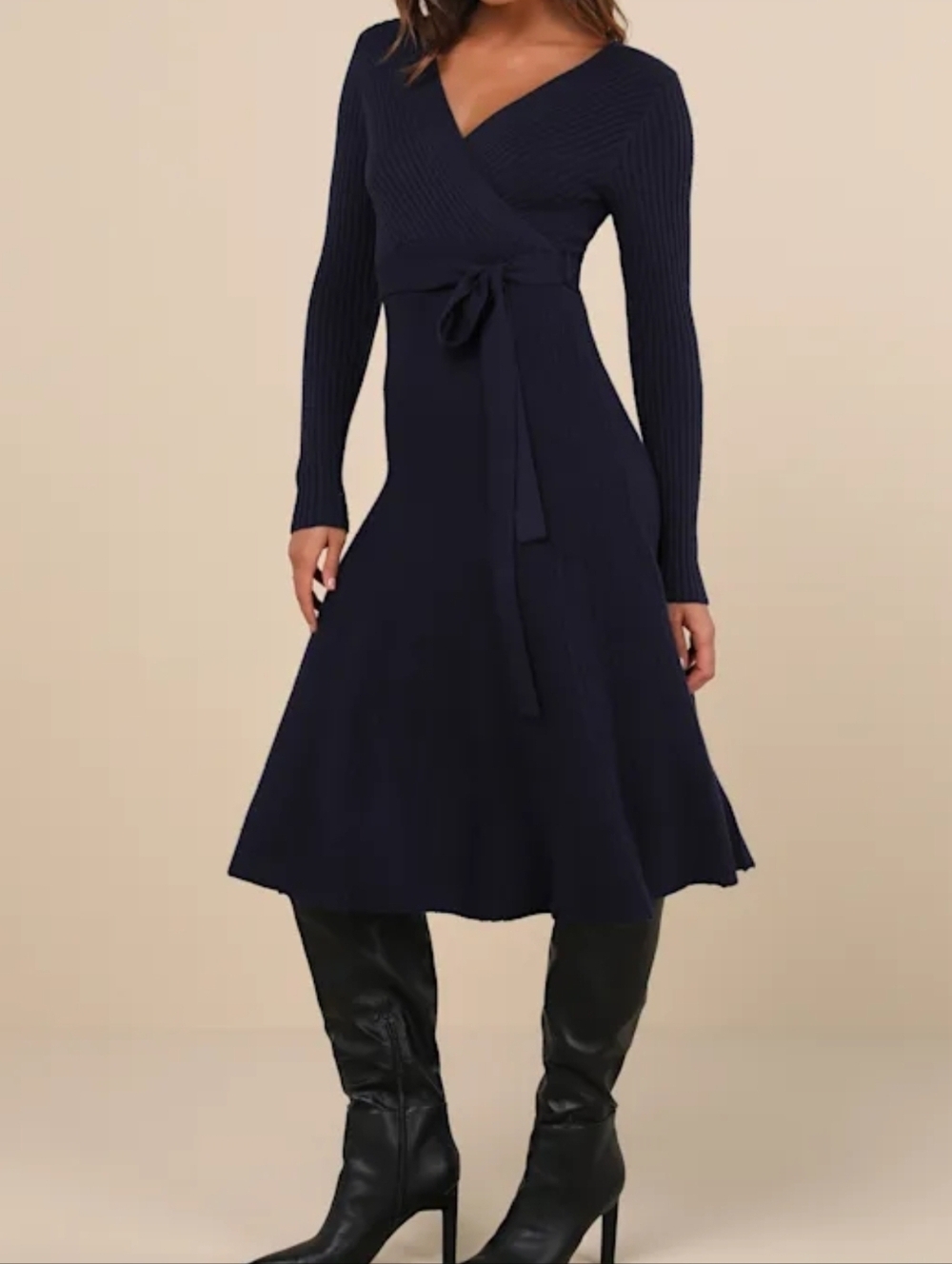 Lulus Warm Emotions Navy Blue Skater Midi Sweater Dress, Size Large, NWT!